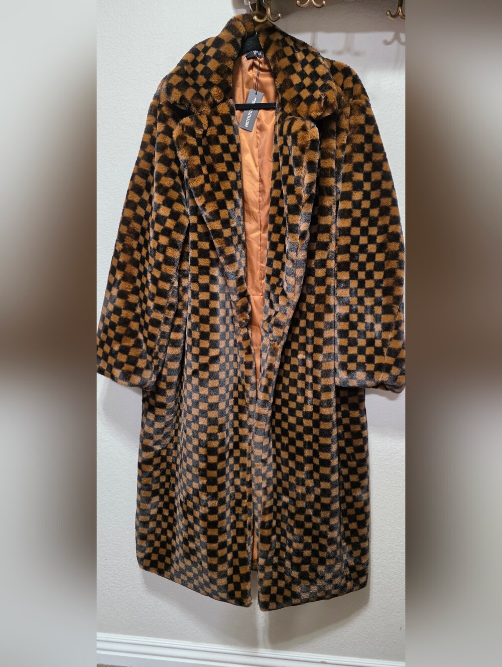 PrettyLittleThing Brown and Black Checkerboard Teddy Coat